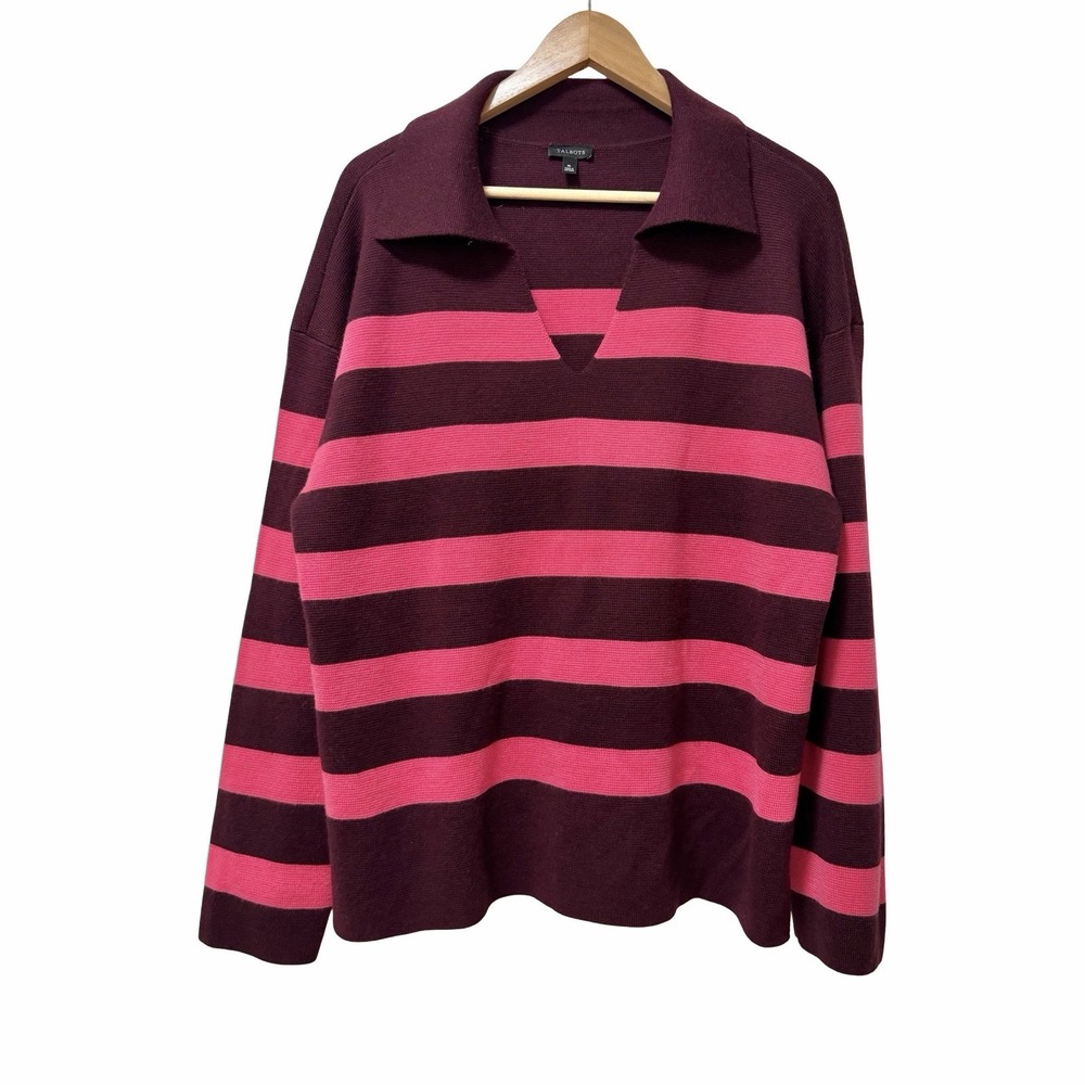 Talbots Womens Wool Blend Striped Collared Pullover Sweater Size XL Red Pink